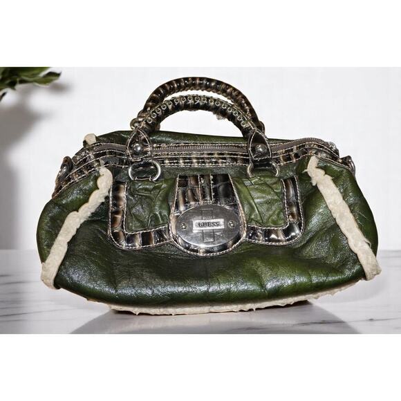 Vintage GUESS Olive Green Faux Leather Shearling Handbag | Y2K Croc Trim Logo - Picture 7 of 15